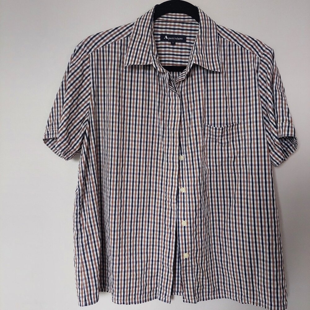 Aquascutum Women's Size L Checkered Short Sleeve Shirt Vintage